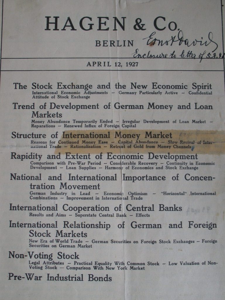 Publication by Hagen & Co. Berlin, Exposé on Germany and her Relations in Economics, April 12, 1927.