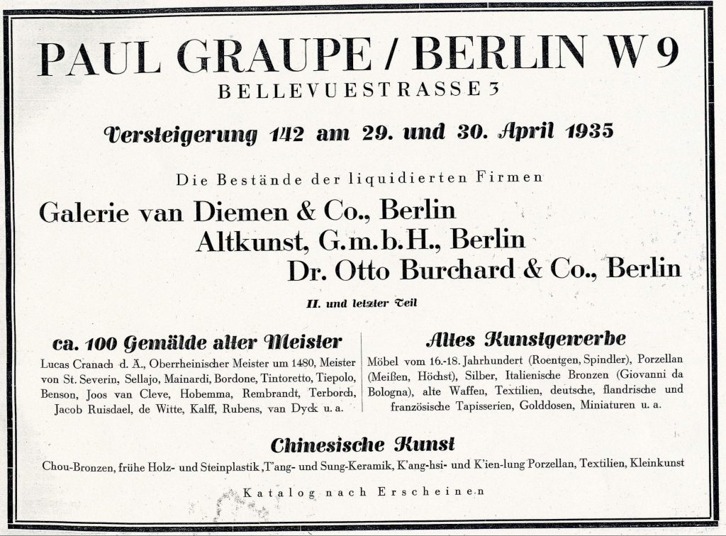 Advertisement for Auction at Paul Graupe Berlin, 1935.